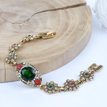 Luxury Green Stone Antique Gold Color Crystal Flower Boho Vintage Bracelet - The Jewellery Supermarket